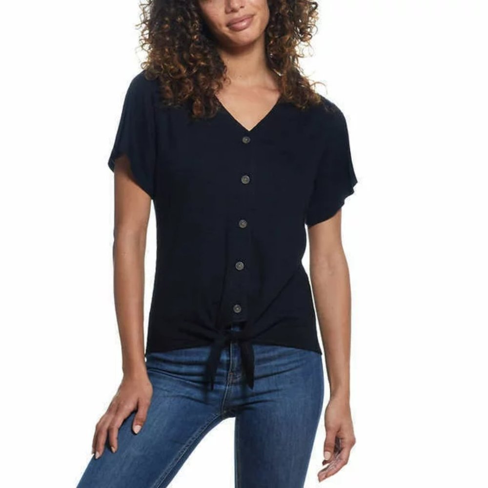 NWT Weatherproof Vintage Womens Tie Front Top Black Blouse Sz M $60 FLC166